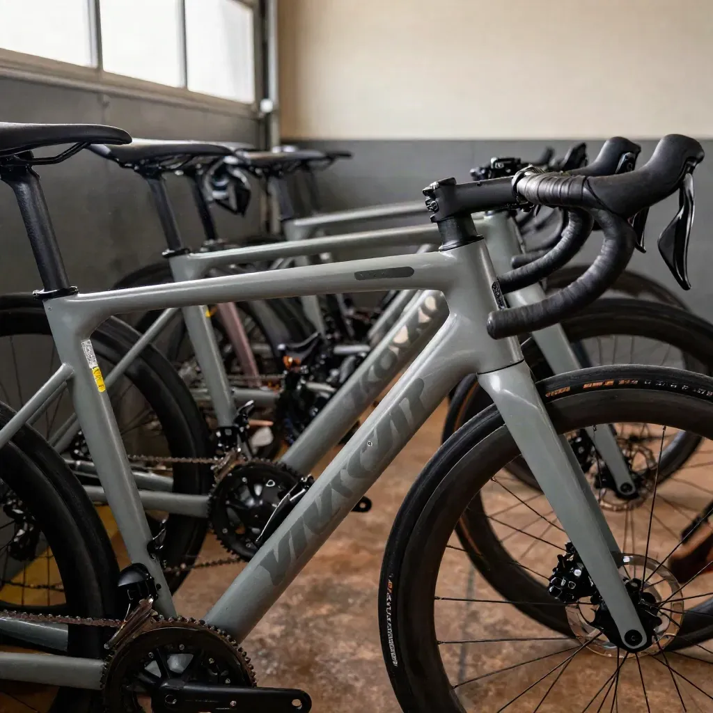 Vélos de flotte alignés dans un garage, avec badges de suivi et rack de charge.