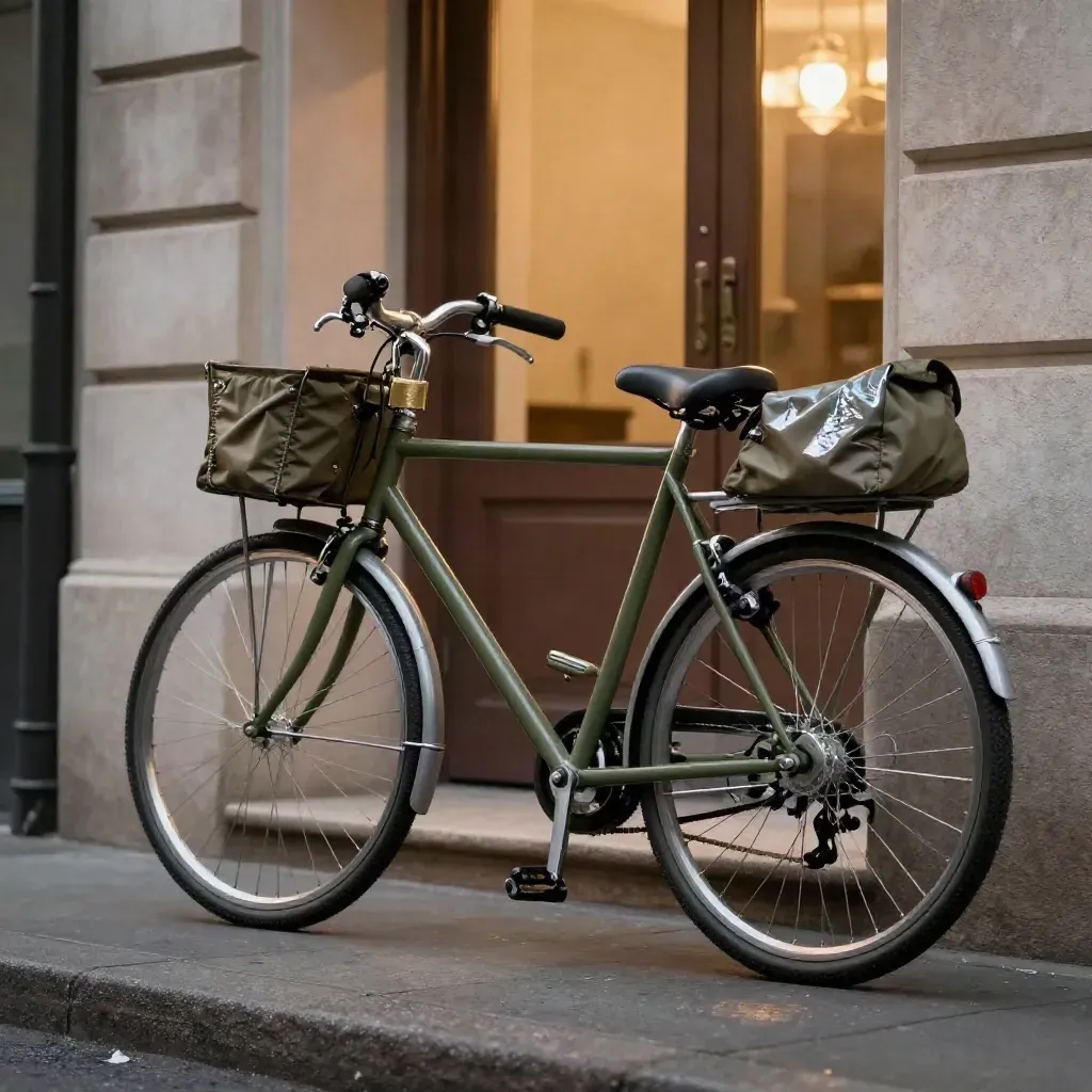 Vélo retrouvé devant une porte d’immeuble, antivol ouvert, clé sur anneau, lumière chaude du hall.