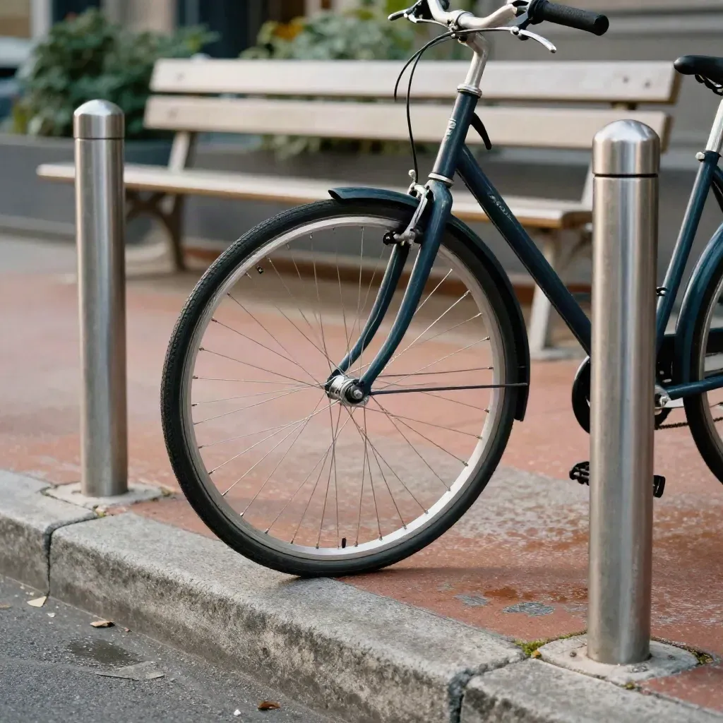Vélo urbain garé entre deux bornes, bord du trottoir aligné, banc et arbre flous au matin.