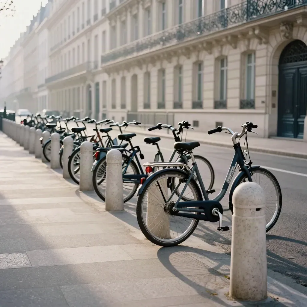 Piste cyclable bordée de bornes, vélos alignés, façades haussmanniennes dans la lumière du matin.
