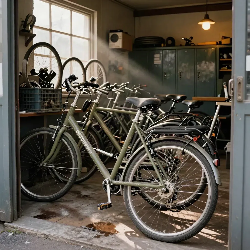 Entrée d’atelier vélo avec vélos en attente, casiers métalliques, caisse de pièces et roues alignées, vue basse.