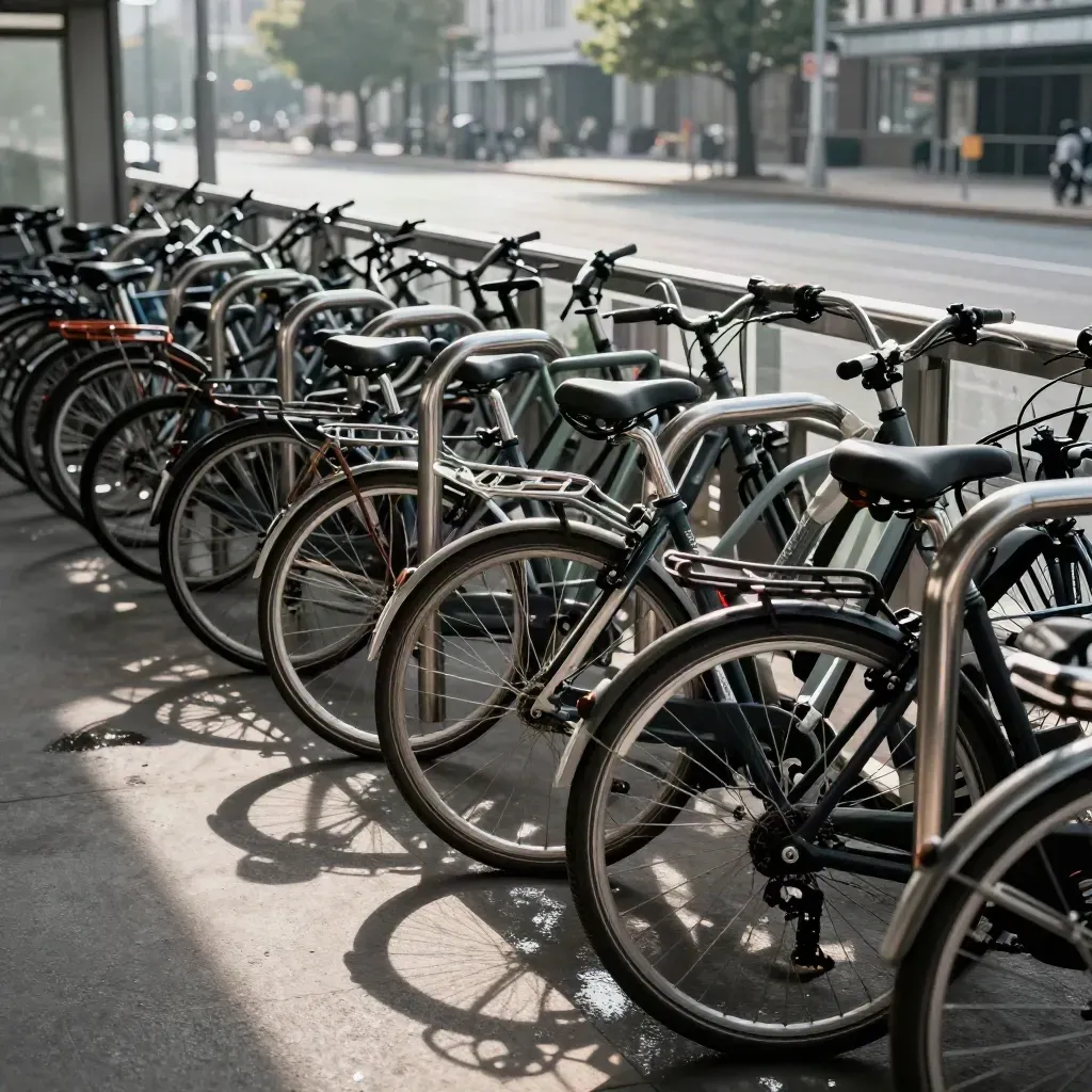 Vue verticale d’un quartier gare avec vélos marqués, racks et brume urbaine.