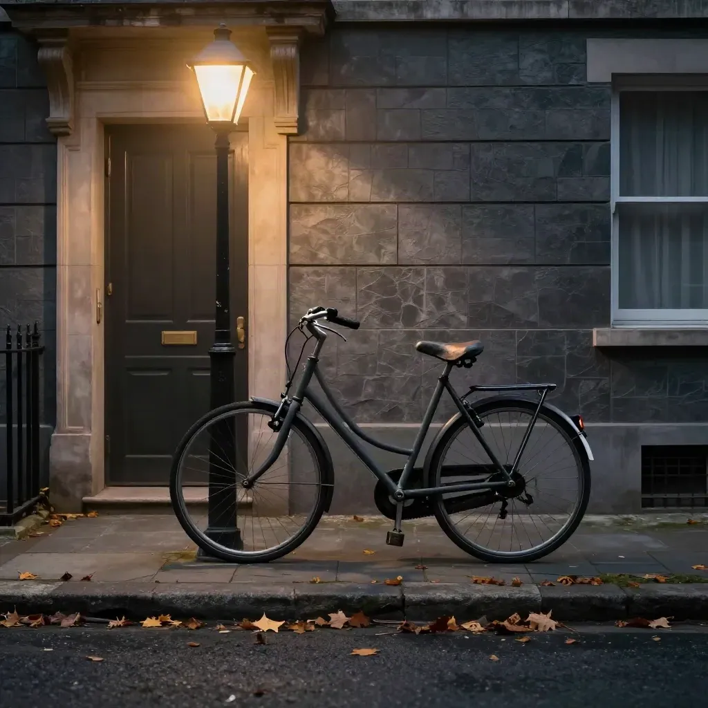 Vélo verrouillé sous un lampadaire dans une rue résidentielle calme après minuit.