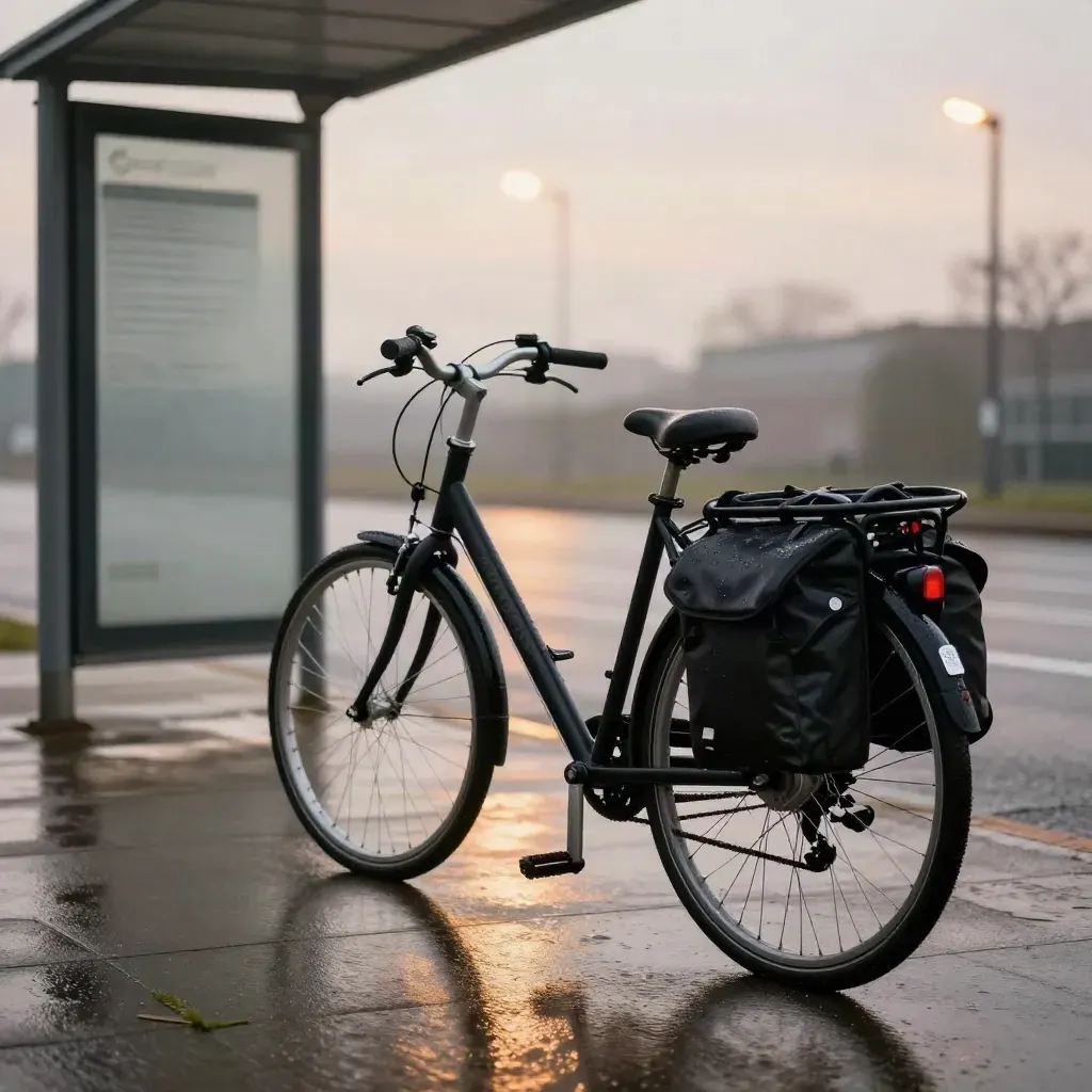 Vélo de vélotaf noir sous la bruine, devant un abribus vide à l’aube.