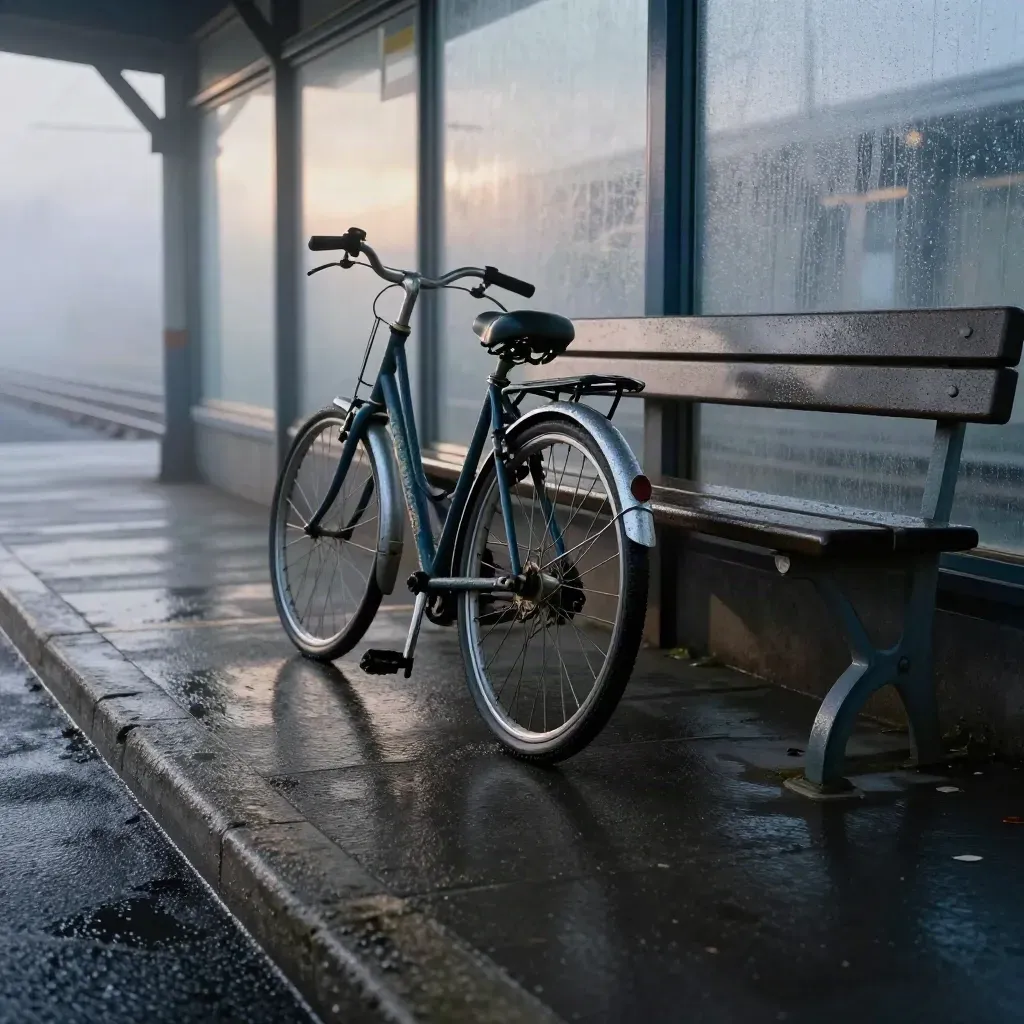 Vélo oublié dans un parking de gare, brume froide et ambiance d’alerte au crépuscule.