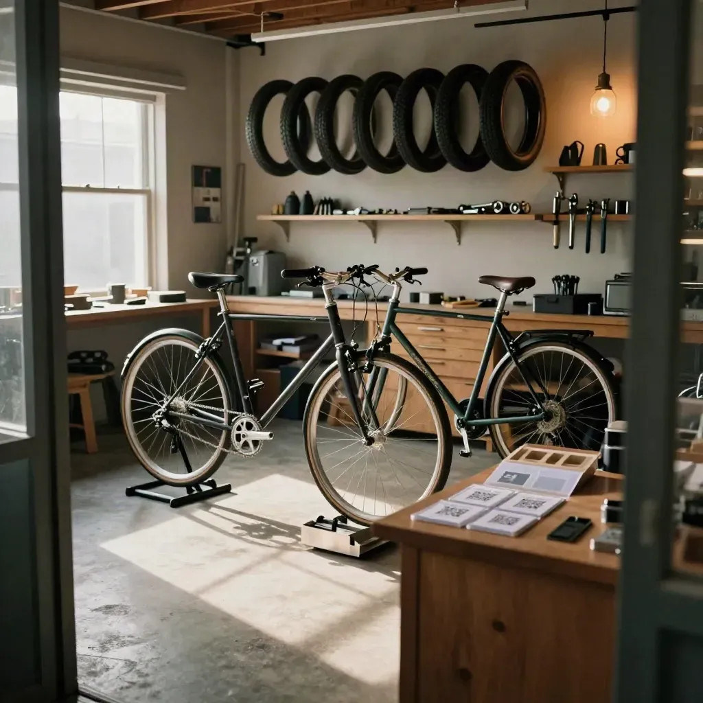 Atelier vélo partenaire avec deux vélos sur pied, kit de fiche et pneus suspendus.