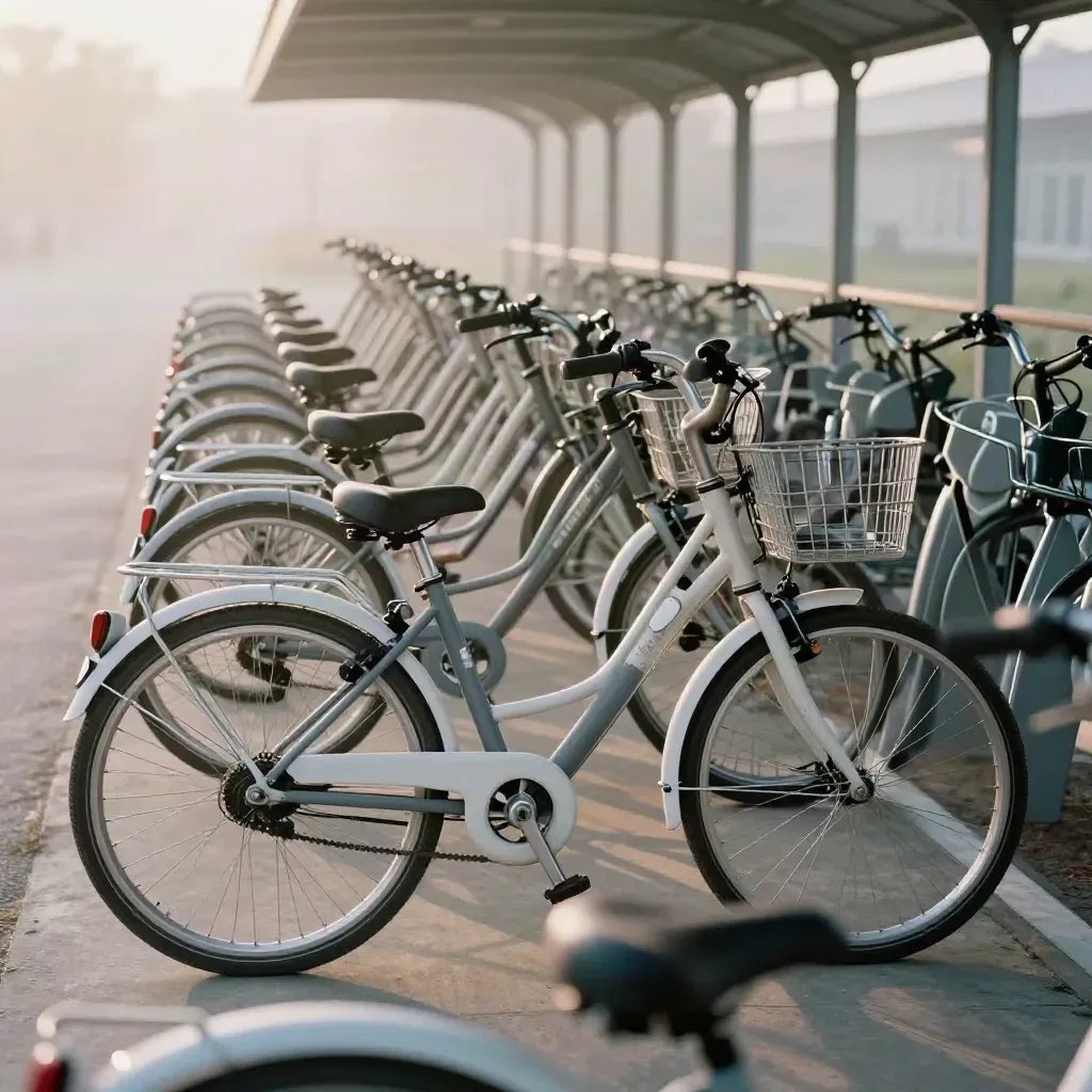 Alignement de vélos partagés dans un dépôt couvert au lever du jour, brume froide et lumière douce.