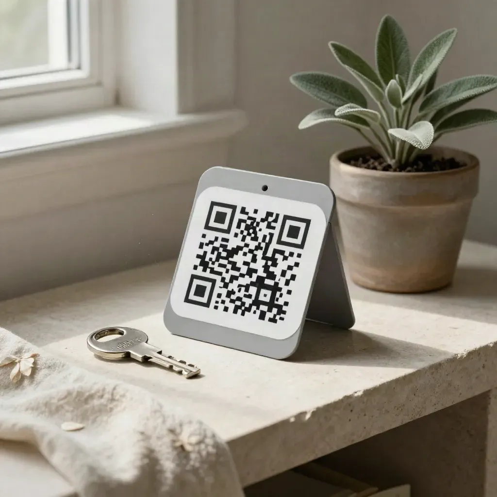 Étiquette QR vélo mate, clé de chaîne, plante et linge plié sur pierre.