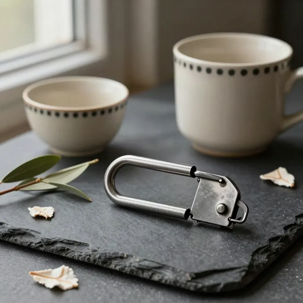 Maillon d’antivol rompu sur tablette sombre avec soucoupe, crochet et feuille d’olivier