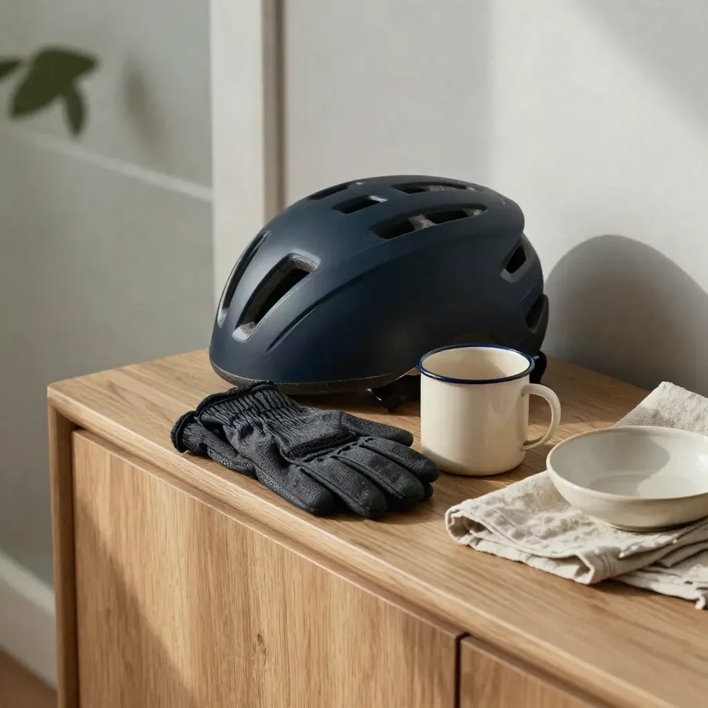 Casque de vélo, gants pliés, réflecteur et tasse émaillée sur console d’entrée.