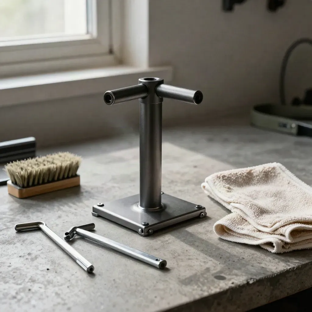 Support d’atelier vélo, clé Allen, brosse douce et chiffon beige sur établi brut.