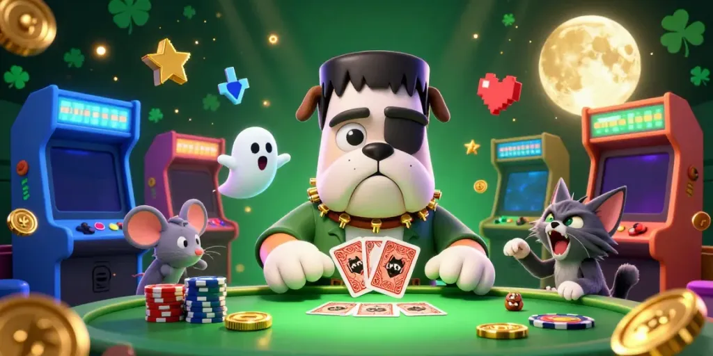 Deal cards at the spooky Luck8 casino with a Frankenstein bulldog and ghost mouse.