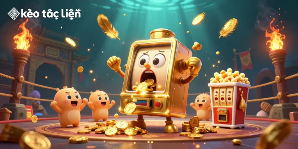 Engage with kèo trực tuyến as 3D cartoon golden slot machines hit jackpots amidst swirling ember particles.
