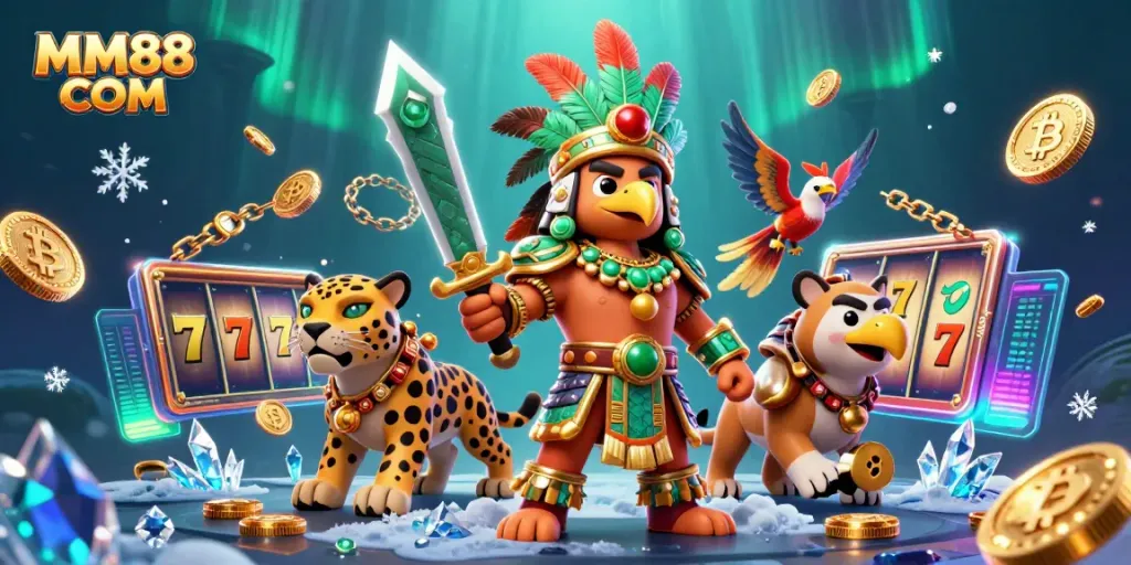 Engage with MM88 COM through vibrant 3D casino featuring Aztec warriors and crypto elements.
