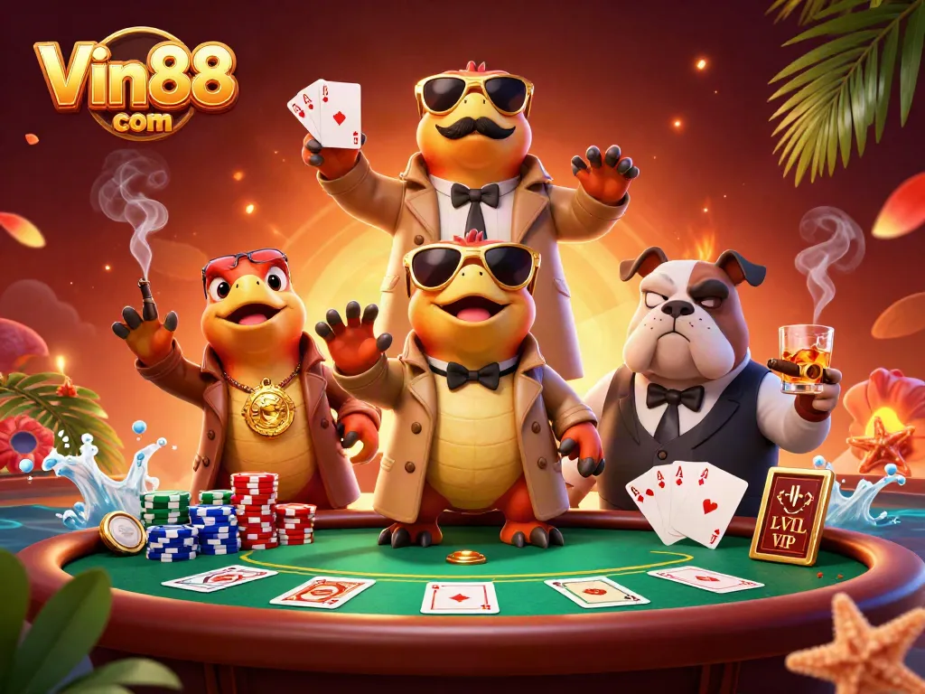 Experience the thrill of Vin88 com with playful raptors in a casino scene full of colorful poker elements.