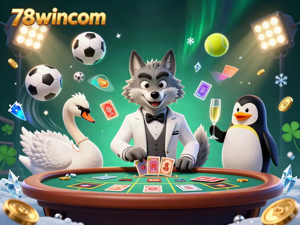 Experience the excitement of 78wincom with animated gambling characters at a vibrant baccarat table