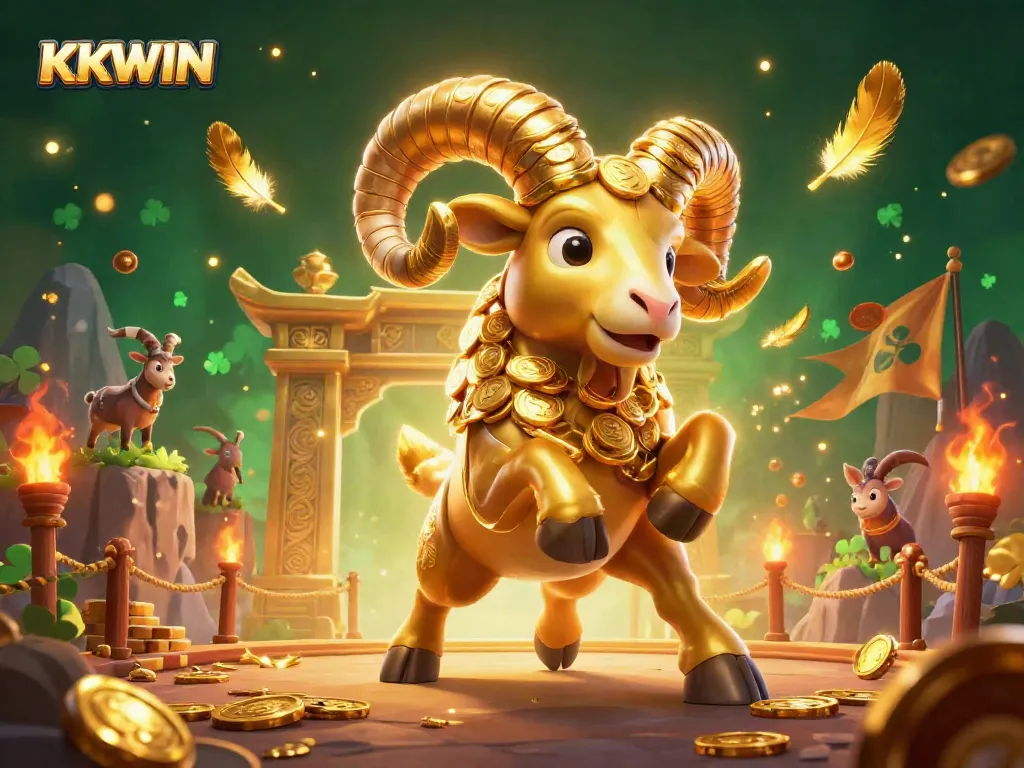 Engage with KKWIN in a vibrant casino duel scene featuring a golden ram and mountain goats.