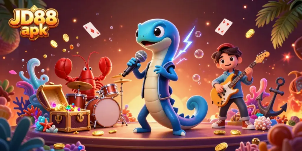 Experience the excitement with JD88 apk in this vibrant underwater casino scene featuring a DJ eel and musical sea creatures.