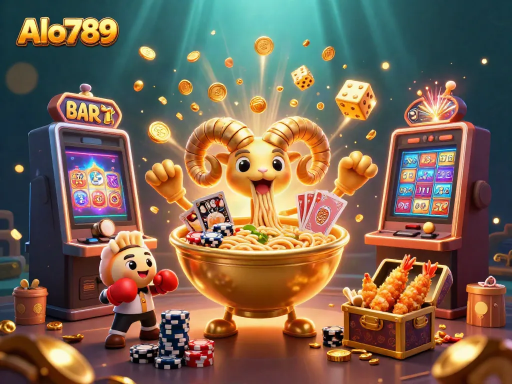 Alo789 features a golden ramen bowl character in a lively casino scene, showcasing dynamic gambling elements.