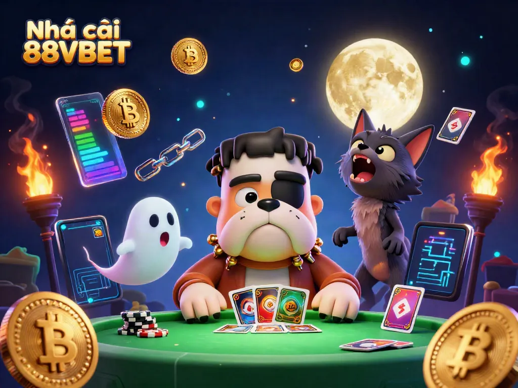 Engage with Nhà cái 88VBET as a 3D cartoon Frankenstein bulldog deals cards with a werewolf kitten, showcasing vibrant casino elements.