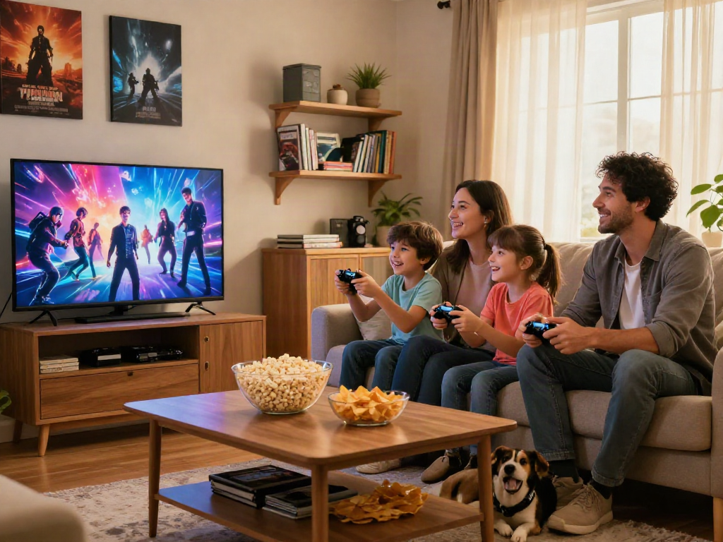 Family enjoying Iron TV together in a cozy living room, engaging with gaming and snacks.