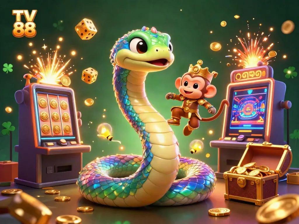Experience big wins at TV 88 with a vibrant 3D scene featuring a playful monkey king and a majestic serpent, surrounded by casino jackpots.