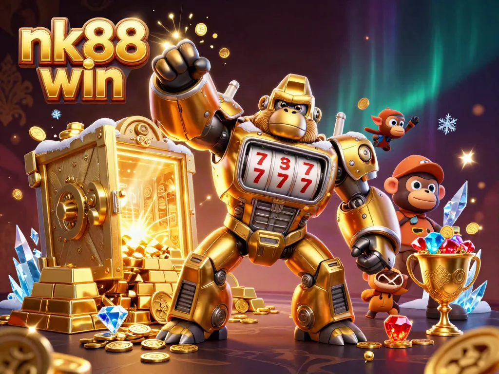 Engage with nk88 win slot machines and treasures in an action-packed casino scene.