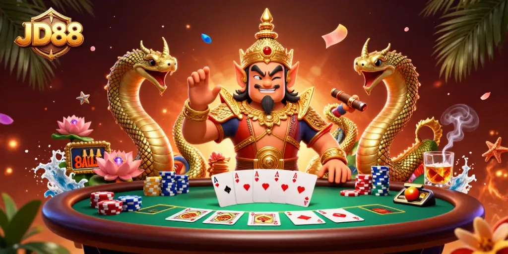 Experience thrilling JD88 poker action with vibrant characters and dynamic casino elements.