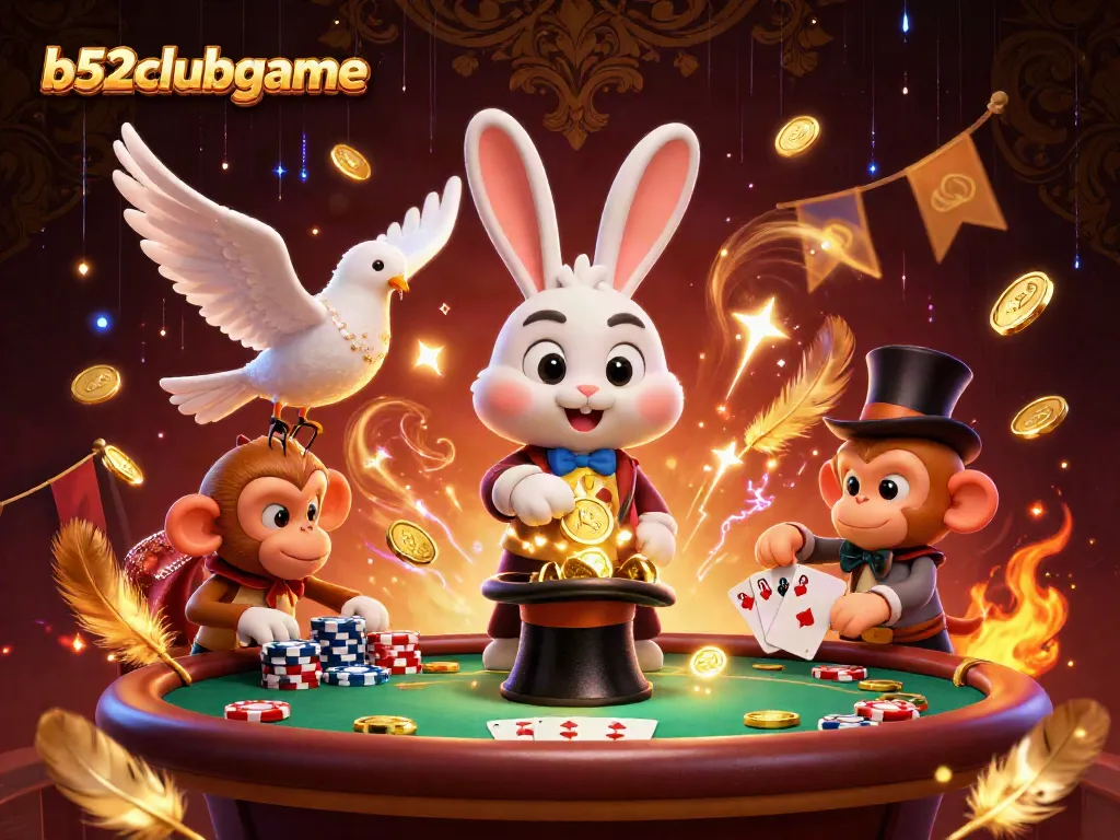Engage in exciting poker action with b52clubgame as a magician rabbit pulls coins and cards amidst vibrant casino elements.