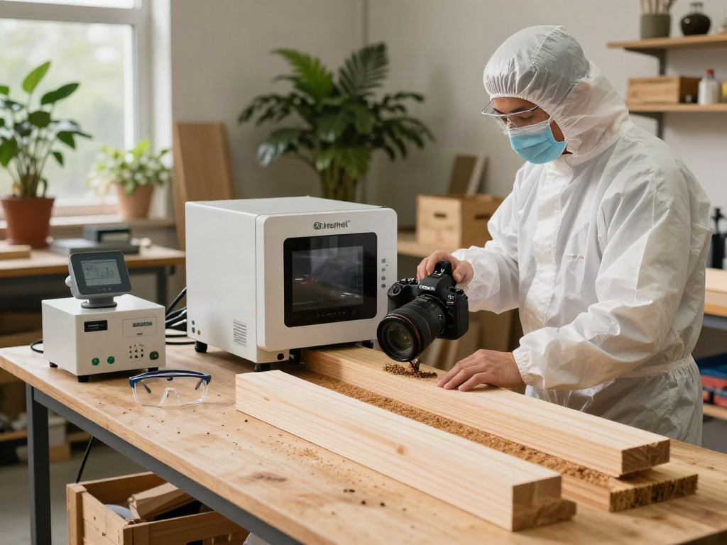 Traitement du bois avec Shashel® dans un atelier lumineux, technicien utilisant un appareil de micro-ondes.