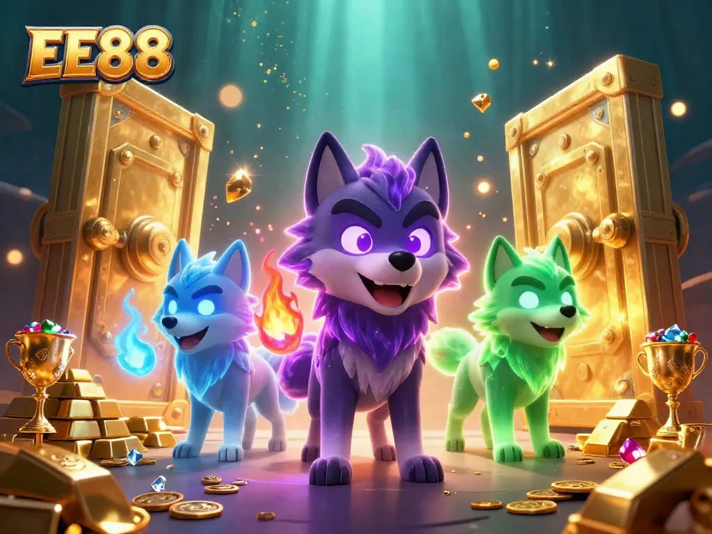 Experience thrilling gaming at EE88 with ghostly wolves and treasure in a vibrant 3D casino scene.
