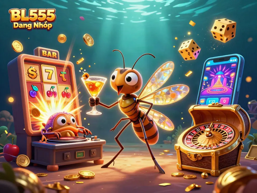 Experience gaming excitement with BL555 Đăng Nhập featuring vibrant characters, slot machines, and dazzling visuals.