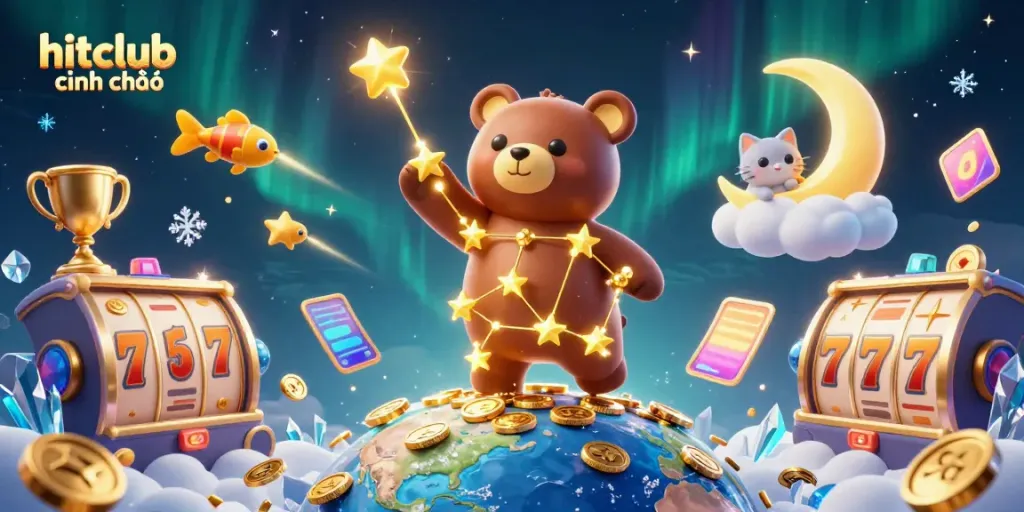 Experience big wins with hitclub chính chủ featuring a constellation bear scooping coins and jackpot elements.