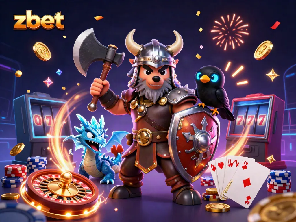 Engage with zbet in a vibrant illustration featuring a Viking wolf warrior, fierce dragon, and glowing raven in a rich casino atmosphere.
