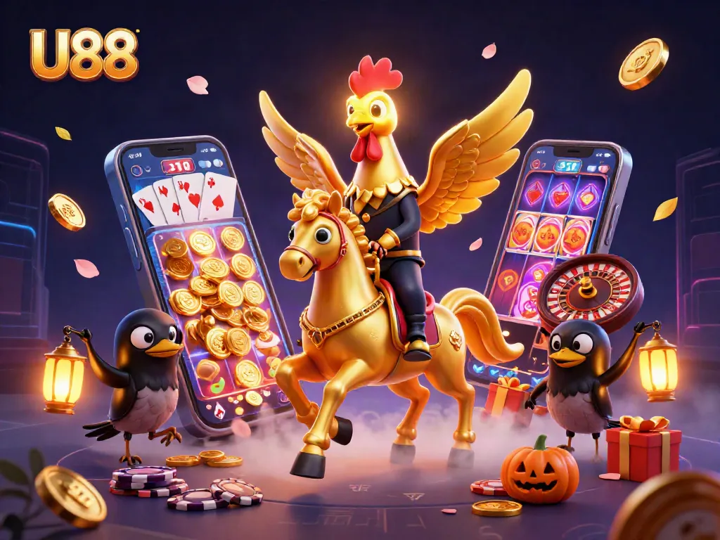 Experience thrilling U88 gaming with a golden rooster and casino elements in vibrant 3D illustration.