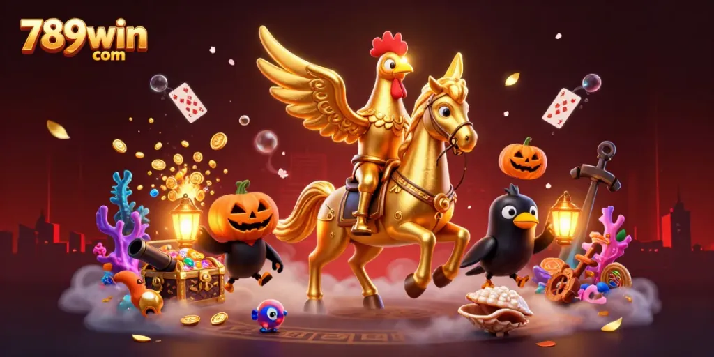 Engage in thrilling gaming with 789win com as a golden rooster rides through a vibrant midnight casino.