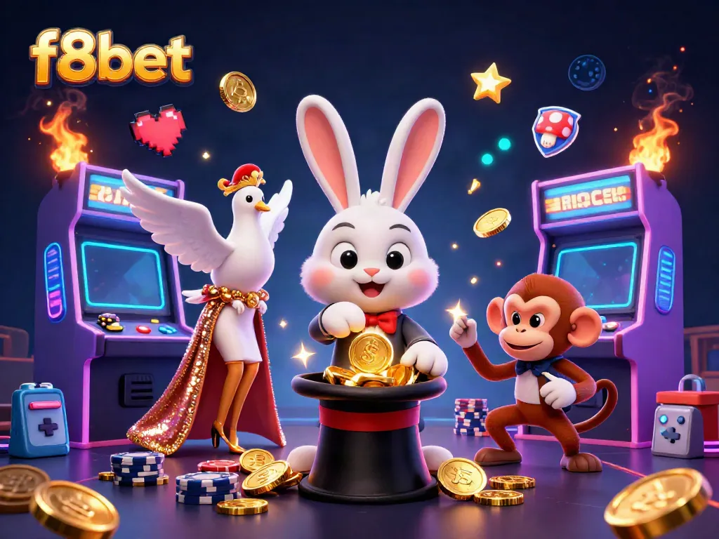 Experience the thrill with f8bet's 3D cartoon characters indulging in magical casino fun.
