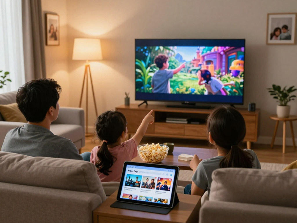 Profitez d'une soirée cinéma en famille avec Atlas Pro ONTV dans un salon chaleureux.