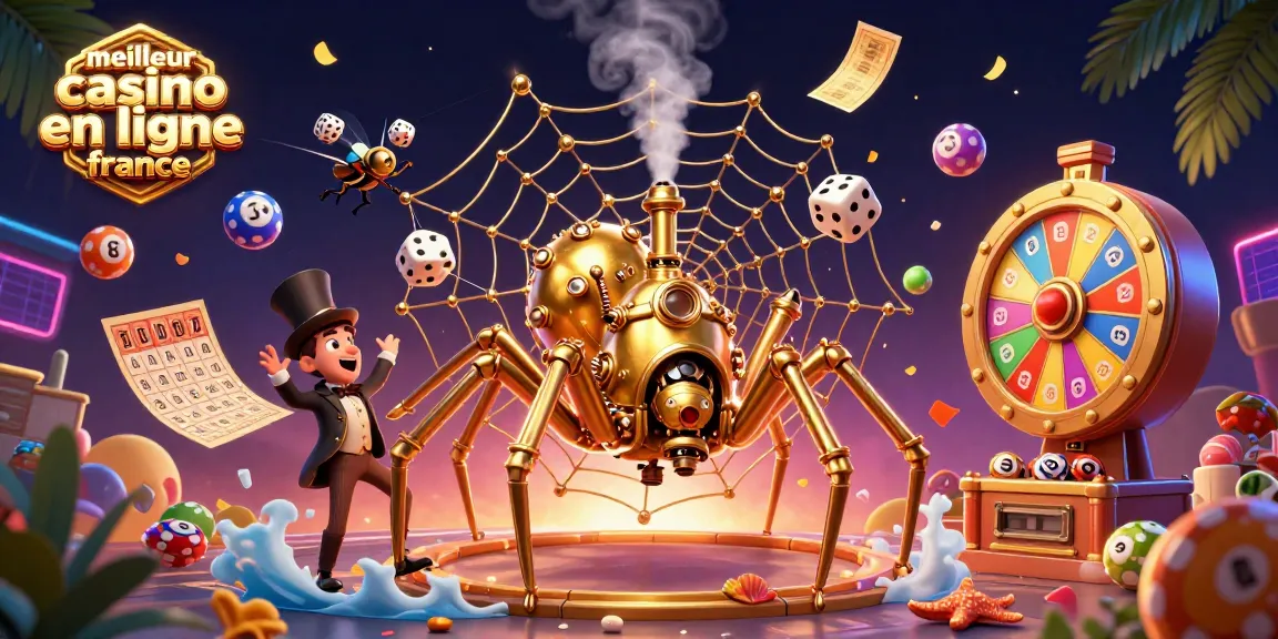 Illustration dynamique du meilleur casino en ligne France avec une araignée dorée et des éléments de loterie.