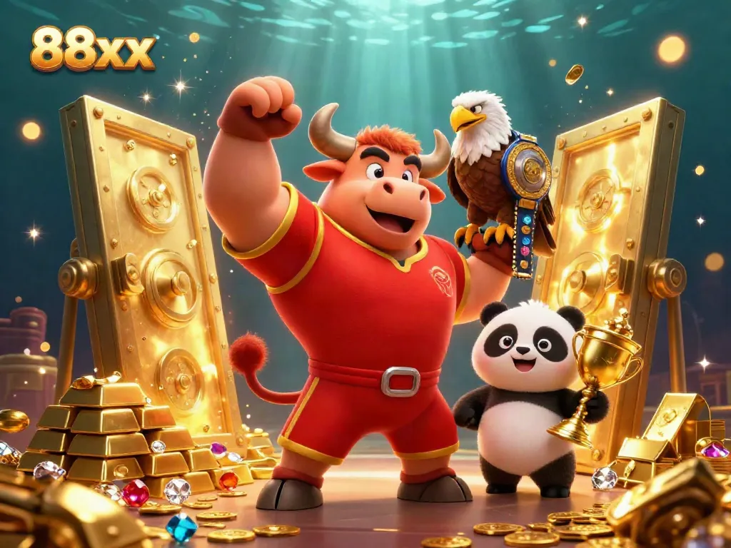 Celebrate big wins with 88xx in this vibrant 3D illustration featuring a bull, eagle, and panda amidst treasures.