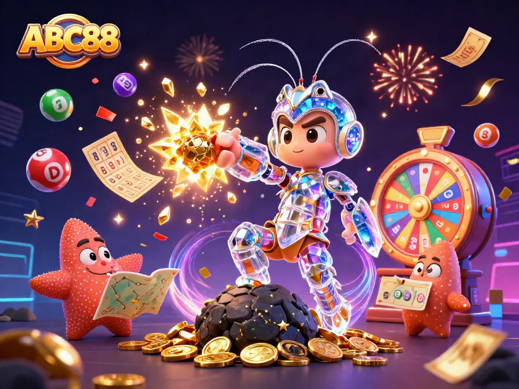Win big at ABC88 with vibrant lottery elements and engaging characters in a stunning casino scene.