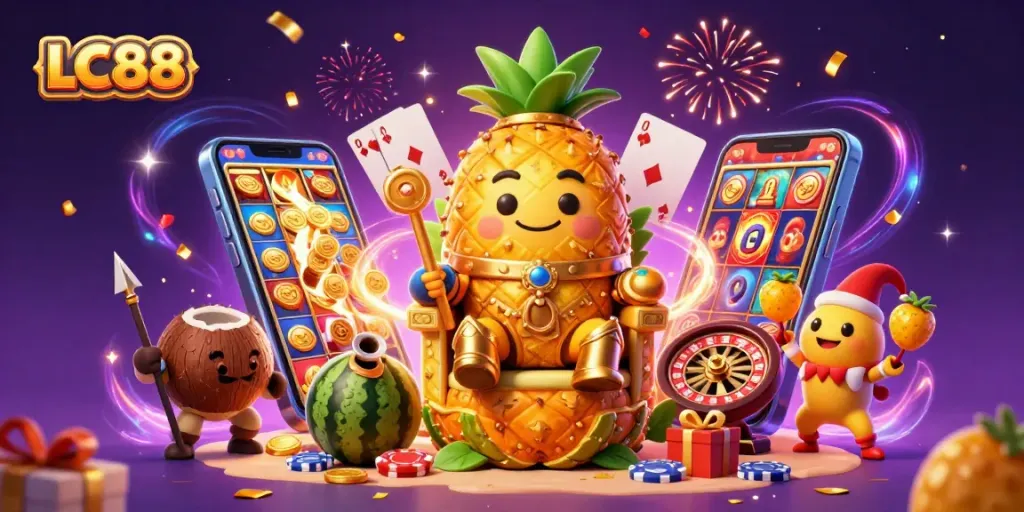 Experience thrilling gameplay at LC88 featuring golden slot machines, lavish casino elements, and animated fun.