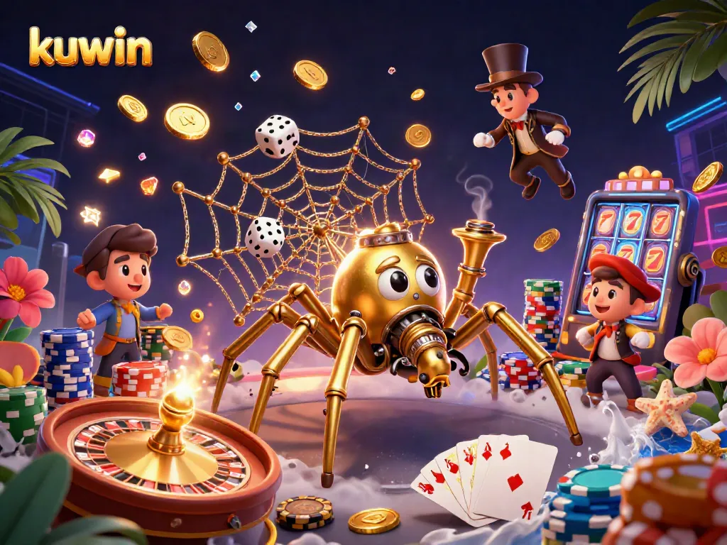 Kuwin online gaming scene with a steampunk spider, dynamic casino elements, and vibrant graphics.