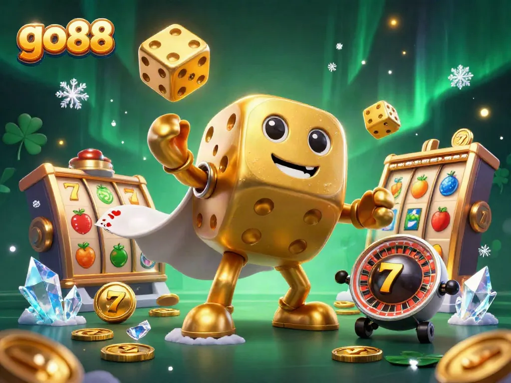 Experience the thrill of go 88 with a dynamic scene featuring gambling-themed characters and elements surrounding them.