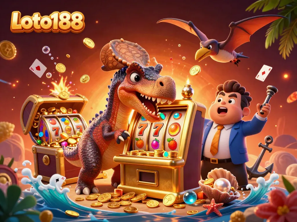Loto188 offers dynamic casino action with cartoon dinosaurs engaging with a golden slot machine in a vibrant setting.