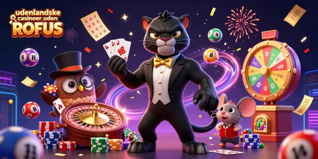 Experience the thrill of udenlandske casinoer uden ROFUS with an illustrated scene of a tuxedo-clad panther and friends.