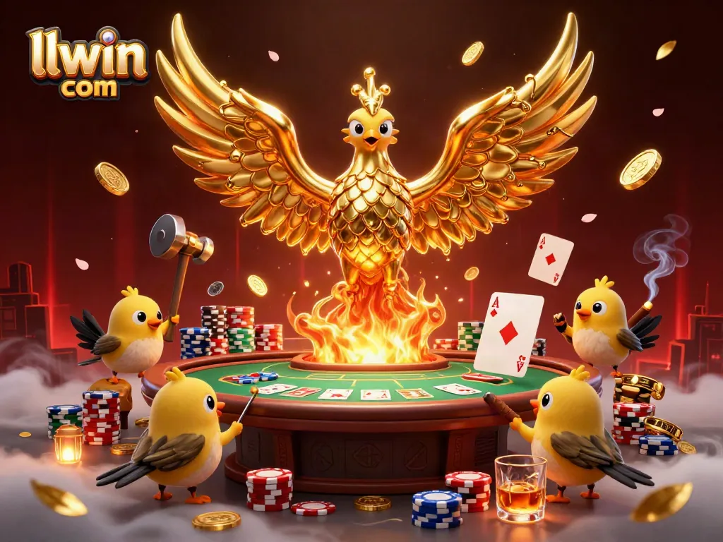Win big with llwin com at the vibrant online casino featuring a molten gold phoenix and poker table.
