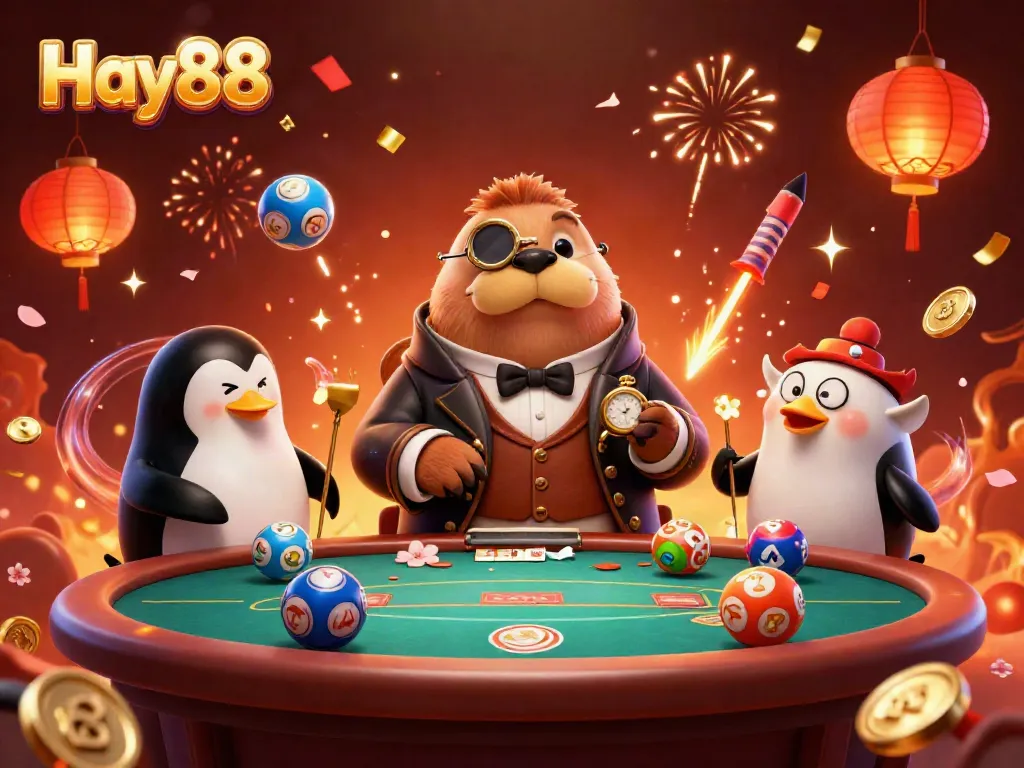 Hay88 lottery scene with a jolly walrus, penguin dealer, and pufferfish player at a poker table.