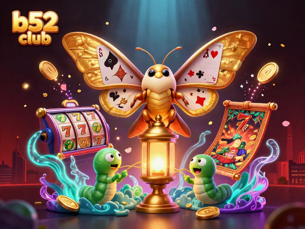 Experience the vibrant excitement of b52 club with a vivid 3D illustration featuring casino elements, moth, and lantern.