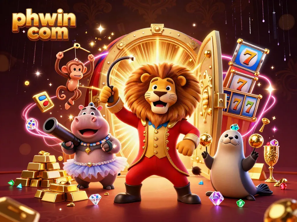 Engage with phwin com's winning slot games under vibrant circus-themed illustration.